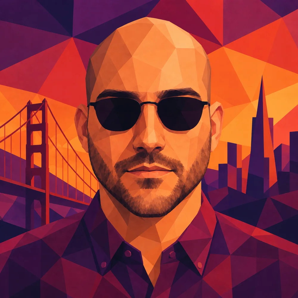 Low-poly portrait of Connor in sunglasses, with the Golden Gate Bridge and San Francisco skyline at sunset