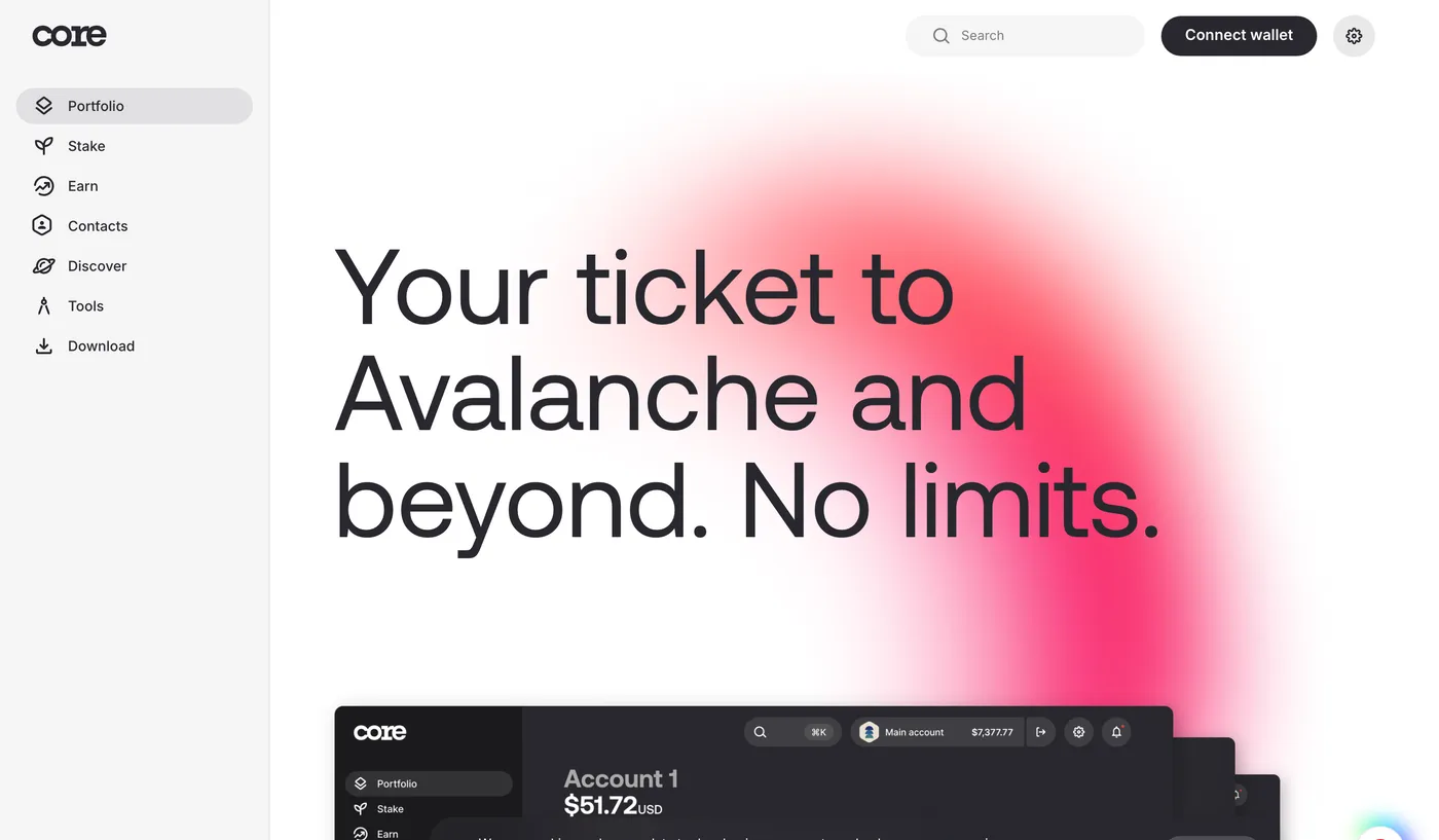 The Core app homepage